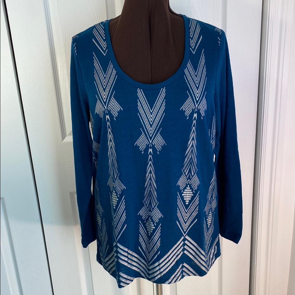 2 for $25 - Addition Elle Teal Graphic Long Sleeve Blouse, 1X Plus, 14 - 16, XL